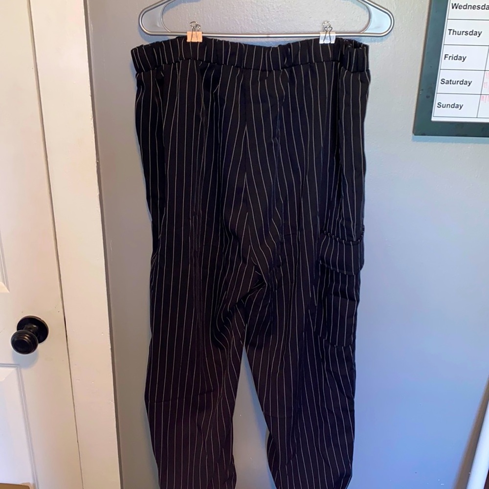 Plus size black cargo pants with white pin stripes